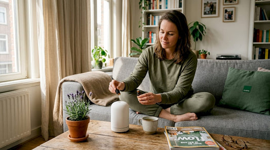 Een vrouw brengt essentiële oliën aan in de woonkamer om een rustgevende sfeer te creëren.